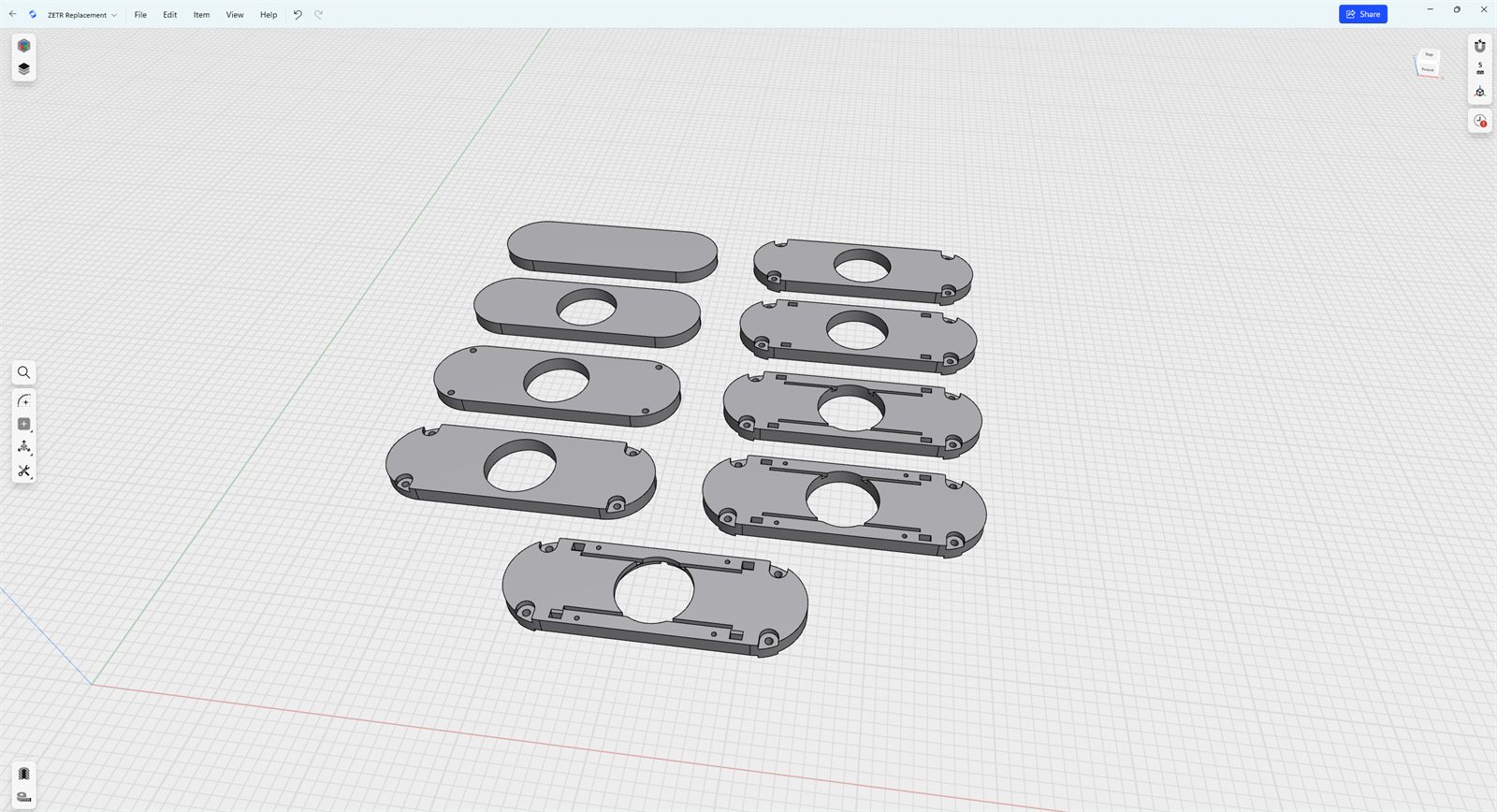 Slicer view of a batch of small rounded clip parts laid out on a print plate